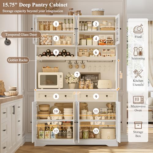 HOSTACK 75" Kitchen Pantry Storage Cabinet, Coffee Bar Hutch Cabinet, White | Tall Pantry Cabinet with Charging Station / Wide Countertop / Glass Doors / Wine Rack / Cup Holder / Drawers, Dining Room - color: White