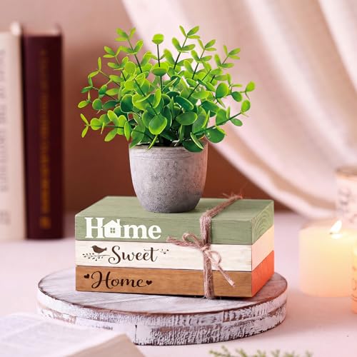 Wesiti 4 Pcs Spring Table Centerpieces with Fake Eucalyptus Pot Plant Home Sweet Home Decoration Farmhouse Tiered Tray Tabletop Decor Wooden Stack Book Block Sign for Desk Shelf Housewarming Gift - style: Classic