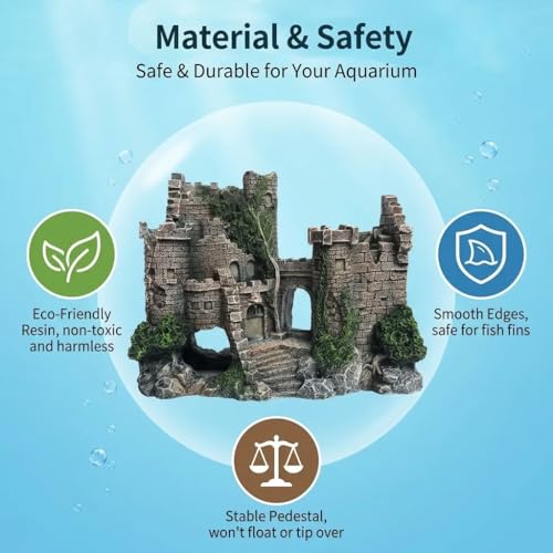 Aquarium Resin Castle Decoration, Air Bubbler Stone Cave Hideout House for Betta Fish, Shrimp & Turtles, Fish Tank Ornament Accessories for Breeding, Playing & Resting ，Decorative Bubbling Castle