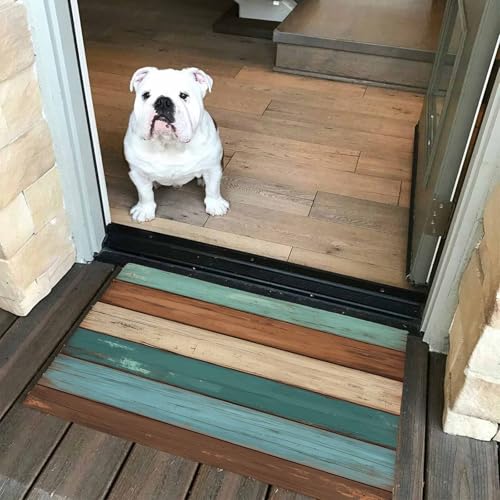 Brown Wood Grain Bathroom Runner Rug Bathmat Soft Bath Shower Bathtub Kitchen Door Mat,Rural Ombre Teal Worn Wooden Stripes Washable Floor Doormat Area Carpet for Bedroom Laundry Room Hallway,24"x36" - size: 24"W x36"L