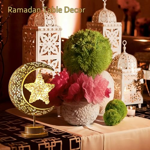 Lifnatty Ramadan Decorations Moon Lamp, Ramadan Decor for Home, Eid Mubarak Decorations, Ramadan Eid Gifts, Enchanted Lunar Table Lamp, Half Moon Lights, Battery Operated Moon Star Night Light - style: Moon Star Lamp