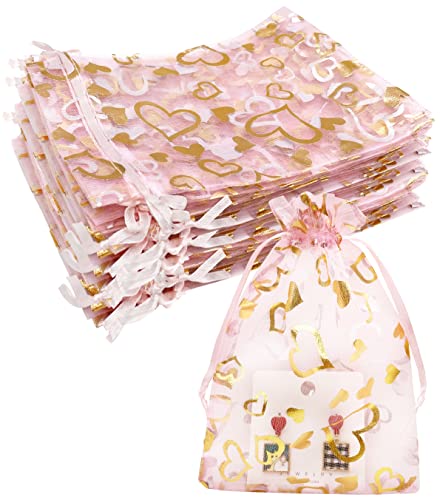 Jexila 100PCS Pink Organza Gift Bags 5''X7'' Sheer Heart Mesh Drawstring Jewelry Pouch for Wedding Party Favor Goodie Candy Treat Bag - color: Pink Heart