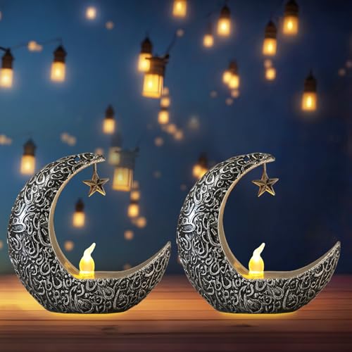 Hying 2 Pieces Ramadan Lanterns Decoration Eid-ul-fitr Table Lamp Eid Mubarak Flameless Candle Lanterns Ramadan Moon Star Lamp for Home Tabletop Decor-Sliver Black - color: Style 3: Moon Lantern