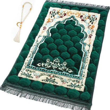 Muslim Prayer Rug with Tasbih Prayer Beads, Soft Large Prayer Matt Islam, Padded Islamic Prayer Mat Thick for Men and Women, Janamaz, Sajadah (31.5" x 47.2", Green) - color: Green