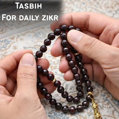 Amazing Gemstone Crystal Tasbeeh with Moon and Star Charm - Certified Crystal Muslim Prayer Beads Natural Gemstone Tasbih Gift for Ramadan Dhikr and Daily Namaz (G) - color: Garnet