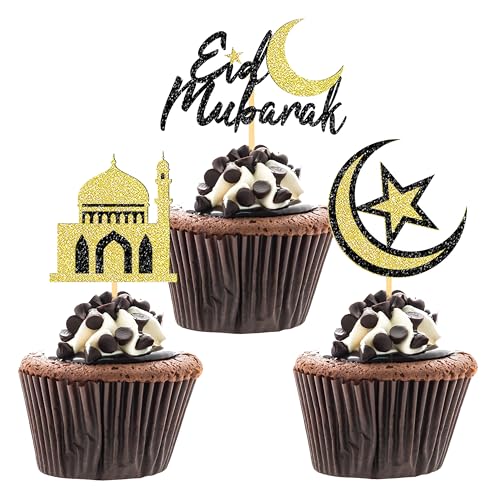 24 Pcs Eid Mubarak Cupcake Toppers for Eid Islamic Muslim Party Cake Decorations (Black Gold) - color: Black Gold