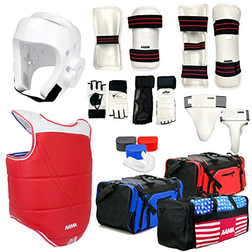 AAMA Complete Taekwondo Sparring Protective Gear Equipment Set - Customizable - color: SET A White (Shin + Hand + Foot)