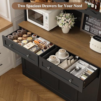 HOSTACK 75" Kitchen Pantry Storage Cabinet, Coffee Bar Hutch Cabinet, Black | Tall Pantry Cabinet with Charging Station / Wide Countertop / Glass Doors / Wine Rack / Cup Holder / Drawers, Dining Room - color: Black