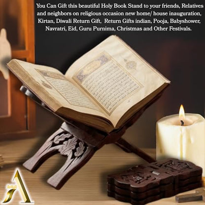 AnNafi® Wooden Book Holder Stand | Rehel/Rehal For Quran Geeta Bible | Indian Book Holders For Reading Hands Free For Desk Carved Antique | Holy Book Stand Prayer/Pooja Wood Islam Decor Handmade Gifts