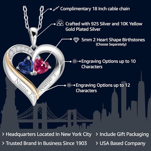 Gem Stone King 2-Heart Couple Name Engraved Pendant Necklace For Women | 925 Sterling Silver & 10K Yellow Gold | Customized and Personalized | Gemstone Birthstone & Lab Grown Diamond | 18 Inch Chain