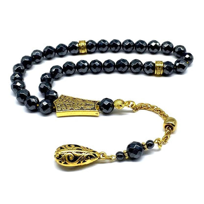 Design - Long & Stylist Tassels Worry Beads - Prayer Beads (8 mm-33 Beads) Tesbih-Tasbih-Tasbeeh-Misbaha-Subha-Sebha-Sibha-Rosary (Non-Magnetic Faceted Hematite 8mm 33 Beads - Gold Tassel) - color: Non-Magnetic Faceted Hematite 8mm 33 Beads - Gold Tassel