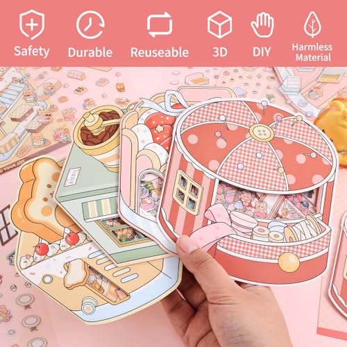 Girls 3D Miniature Scene Stickers, 4 Sets Mini Shop DIY House Stickers for Clothing Store, Coffee Shop, Bakery, Dessert Shop, Cute 3D Cartoon Sticker Scenes for Adult Kids Relief Stress Pass The Time - style: Mini Shop