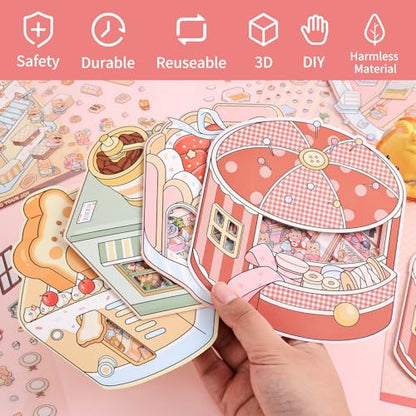 Girls 3D Miniature Scene Stickers, 4 Sets Mini Shop DIY House Stickers for Clothing Store, Coffee Shop, Bakery, Dessert Shop, Cute 3D Cartoon Sticker Scenes for Adult Kids Relief Stress Pass The Time - style: Mini Shop