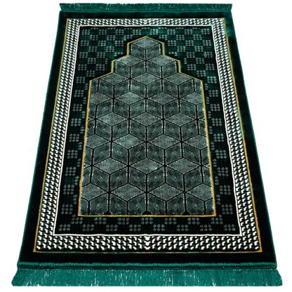 Modefa Turkish Islamic Velvet Prayer Rug - Thick & Wide Soft Carpet for Men & Women - Double Plush Large Janamaz - Eid & Ramadan Gift - with Kufi, Beads & Car Hanger - Geometric Noor (Green) - color: Green