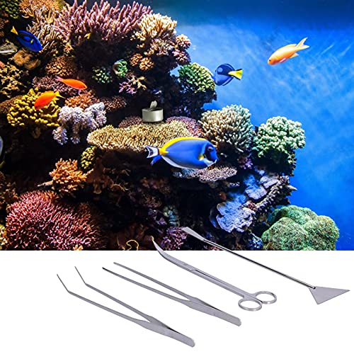 4 in 1 Aquarium Tools Kit, Aluminum Alloy Fish Plant Tools, Plant Aquascaping Tool Set with Straight Tweezer, Curved Tweezer, Spatula