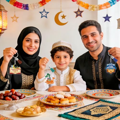 HOWAF 12pcs Eid Ramadan Keychains Set, Eid Mubarak Acrylic Keychain Making Kits with Rings and Tassels, Ramadan Mubarak DIY Craft Keyring for Muslim Celebration Gift Set