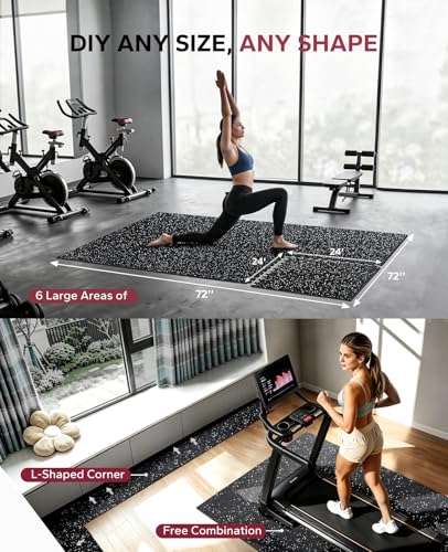 HAPBEAR 0.56'' Thick 12 Pcs 48 Sq Ft Exercise Equipment Mats - High-Density Rubber Top EVA Foam Interlocking Mats, 24x24in Tiles, Heavy-Duty Treadmill Mat for Hardwood Floors, Home Gym Mat - color: 6 Tiles（ 24 Sq Ft) - Black