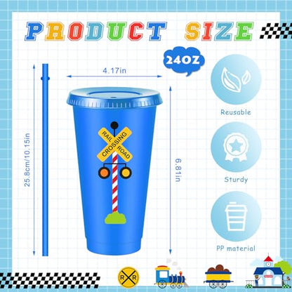 Chuangdi 12 Pcs Train Themed Tumbler with Lid and Straw 24 oz Reusable Plastic Tumblers Railroad Train Crossing Party Cup Traffic Vehicle Party Supplies for Birthday Decorations - style: Train