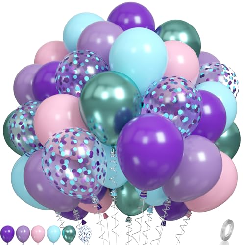 Mermaid Balloons, Purple and Teal Balloon Pastel Pink and Purple Party Decorations Metallic Green Teal Blue Confetti Balloons for Girls Kids Mermaid Theme Birthday Wedding Baby Shower - color: Purple Pink Teal Mermaid