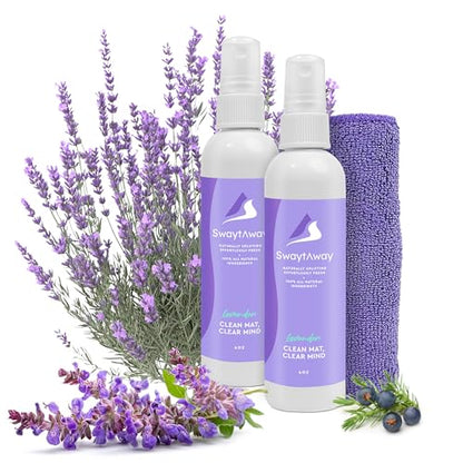 SwaytAway Fitness Mat Mist – 4oz Travel Size Yoga Mat Spray with Towel - (Pack of 2) – Aromatherapy-Inspired Lavender and Patchouli Blend – Plant-Based, No Rinse, Refreshes & Deodorizes - size: 4 oz - 2 Pack