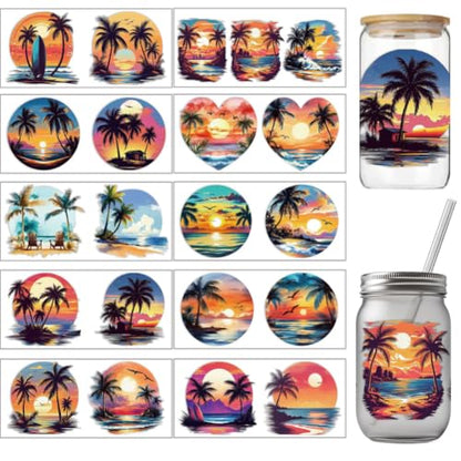 arricraft 10 Pcs Colorful Hawaii Theme Cup Printing UV Transfer Papers, 10 Styles Coconut Trees Ocean UV DTF Cup Wrap Stickers for 16 OZ Glass Cups Crafts 9.5x4.3inch - style: Colorful Hawaii Theme