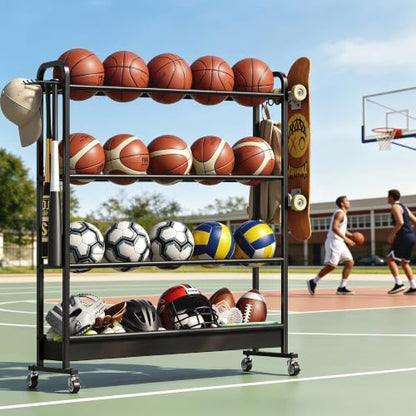 Adjustable Basketball Rack with Wheels, 4-Tier Sports Ball Storage Cart for Basketball Football Volleyball Soccer & More, Holds up to 20 Balls