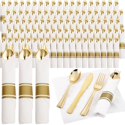 Supernal 120 Pack Gold Plastic Silverware Wrapped Cutlery Set with Napkin - color: Gold, size: 120 Pack