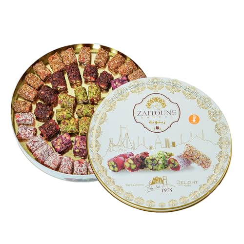 Zaitoune Turkish Delight Mix - 22 oz | Luxury Coatings of Pomegranate, Pistachio, Coconut, Kataifi & Rose | Authentic Lokum Sweet Assortment in a Beautiful Gift Tin | Handmade & Individually Wrapped - size: 22 Ounce (Pack of 1)