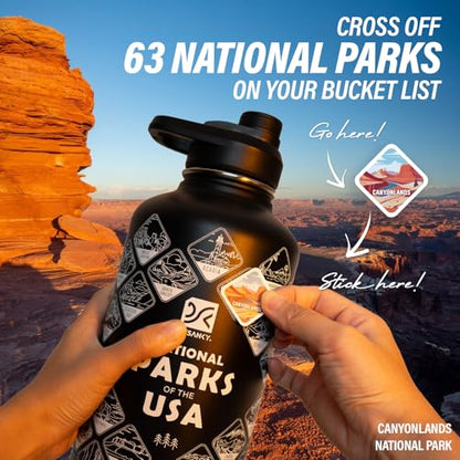 DYSANKY National Parks Water Bottle – 64 oz Insulated Stainless Steel Bottle with 63 Hand-Drawn Park Stickers, Carrier Bag, Strap & Gift Box – BPA-Free – Ideal for Hiking, Camping & Travel - color: Advanced Black Park, size: 64 Ounces