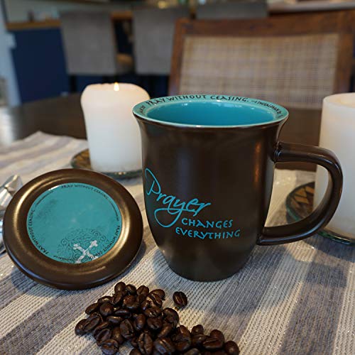 Abbey Gift Prayer Changes Everything Coaster Brown and Blue, 1 Count, Dishwasher Safe Mugs For Coffee and Tea, Includes Bible Verse, "4 x 4.38""" (52892),14 ounce - size: 14 Ounces