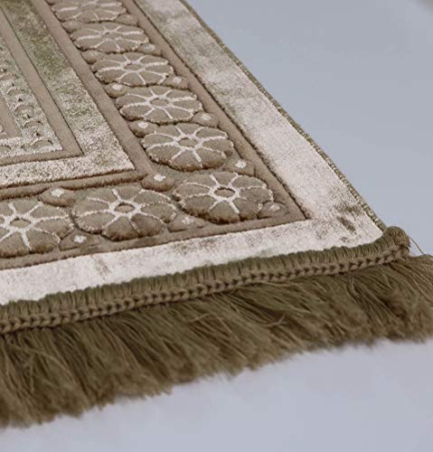 Modefa Velvet Prayer Rug with Prayer Beads Turkish Janamaz Sajadah Floral Stamp Luxury Plush (Mink) - color: Mink