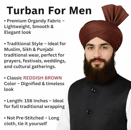 Turban For Men (156 Inches) Long Cloth – Muslim, Sikh, Punjabi Headwrap | For Prayer, Festivals & Special Occasions - color: Reddish Brown