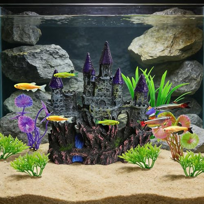 Aquarium Resin Castle Decor with 7 Pcs Artificial Plastic Plants, Fish Tank Decorations Accessories Set Landscaping Ornaments for Betta Guppies Shrimp Hideout Cave