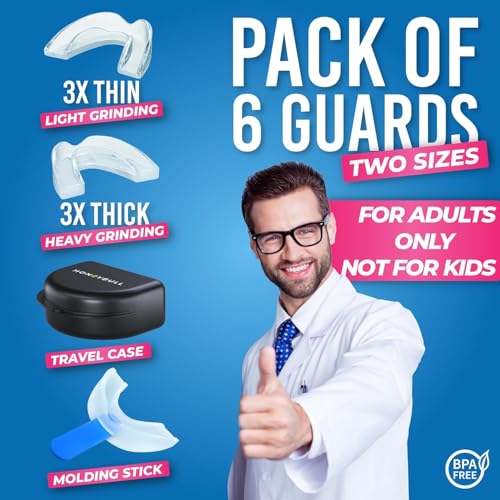 HONEYBULL Anti Grinding Night Guards, Moldable, 6 Pack Thin & Thick | Custom moldable fit, BPA-free material, overnight comfort, storage case included - size: Mixed