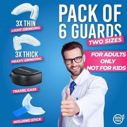 HONEYBULL Anti Grinding Night Guards, Moldable, 6 Pack Thin & Thick | Custom moldable fit, BPA-free material, overnight comfort, storage case included - size: Mixed