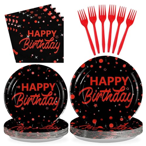 Grencian 96Pcs Red and Black Birthday Party Decorations Red Polka Dots on Black Paper Plates and Napkins Disposable Dessert Tableware for Men Women Birthday Party Decorations 2026 Serves 24 - style: Red Black Wave Point Birthday Sets