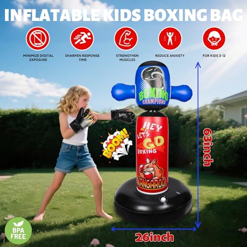 Punching Bag for Kids with 360° Rotating Head, Hyperzoo 63" Heavy-Duty Inflatable Boxing Bag with Glove, Freestanding Punching Bag Toy for Boys & Girls Ages 5–12 – Great