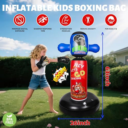 Punching Bag for Kids with 360° Rotating Head, Hyperzoo 63" Heavy-Duty Inflatable Boxing Bag with Glove, Freestanding Punching Bag Toy for Boys & Girls Ages 5–12 – Great