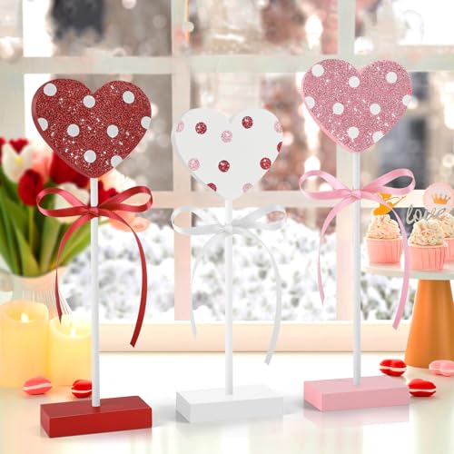 3 Pieces Valentine's Day Table Decorations Wooden Heart Set,Rustic Valentine's Day Tiered Tray Decor for Home Tables (Dot) - style: Dot