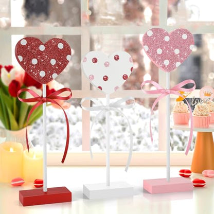 3 Pieces Valentine's Day Table Decorations Wooden Heart Set,Rustic Valentine's Day Tiered Tray Decor for Home Tables (Dot) - style: Dot
