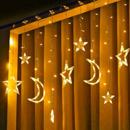 138 LED Star Moon Lights, Twinkle Christmas Curtain String Lights with 8 Modes, Battery Operated Fairy Star Moon with Hooks, Hanging Decor for Ramadan, Bedroom, Wedding, Warm White - size: 138 LED
