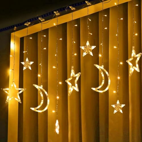 138 LED Star Moon Lights, Twinkle Christmas Curtain String Lights with 8 Modes, Battery Operated Fairy Star Moon with Hooks, Hanging Decor for Ramadan, Bedroom, Wedding, Warm White - size: 138 LED