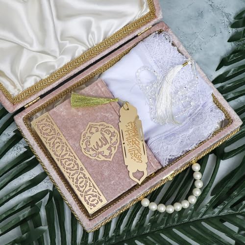 Modefa Islamic Luxury Pearl Islamic Gift Set - Holy Quran in Arabic - Velvet Box with Quran, Hijab, Tesbih, & Bookmark (Dusty Pink) - color: Dusty Pink