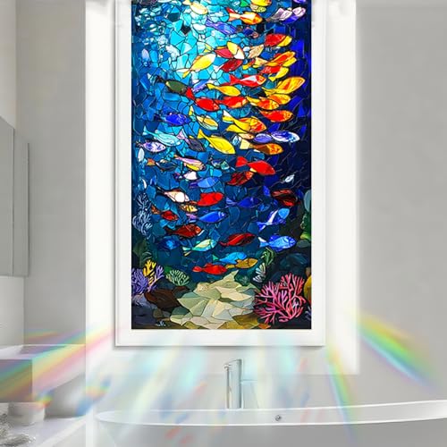 Nuxovilar Frosted Fish School Pattern Window Glass Film 17.7x39.4 in PVC | Fish School, Marine Decal colorful sea sticker, glass window cling for bathroom kitchen sliding door (Fish School)