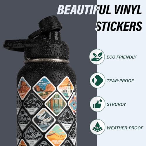 DYSANKY National Parks Water Bottle – 32 oz Insulated Stainless Steel Bottle with 63 Hand-Drawn Park Stickers, Carrier Bag, Strap & Gift Box – BPA-Free – Ideal for Hiking, Camping & Travel - color: Advanced Black Park, size: 32 Ounces