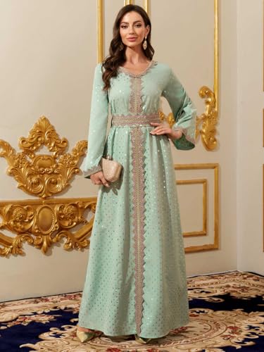 Women Muslim Abaya Kaftan Dress Lace Ethnic Moroccan Dress Eid Prayer Clothes Arabian Maxi Robe - color: Mint Green, size: X-Small