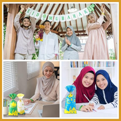 Mooliwe 144 Pcs Ramadan Mubarak Party Favor Gifts Bulk 48 Eid Ramadan Muslim Pencils 48 Mubarak Wristbands 48 Cellophane Gift Bag for Party Decorations Supplies(Chic Style) - style: Chic Style