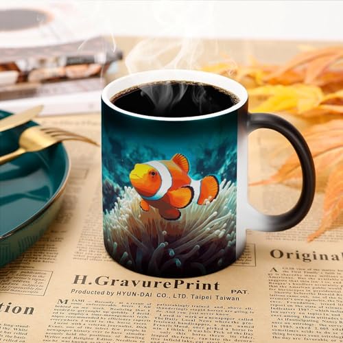 Clown Fish Coffee Mug Heat Sensitive Discoloration Ceramic Cup Personalized Color Changing Coffee Cups Unique Cup Gift for Family Friends Birthday Aniversary