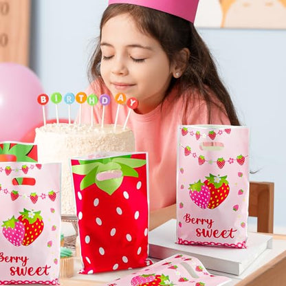 LERCTH Strawberry Themed Gift Bags, Berry Sweet Goodie Bags, Cute Pink Red Treat Bags for Fruit Birthday Party Supplies - color: Strawberry gift bags 30 packs