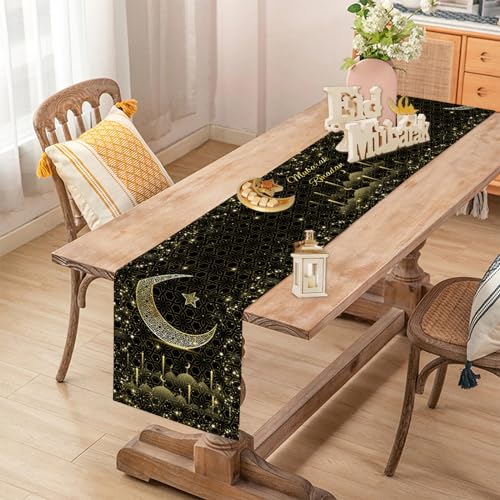 이드 무바라크 라마단 테이블 러너 33 x 182.9cm(13 x 72인치), 문 앤 스타 모스크 블랙 앤 골드 리넨 테이블 러너, 식탁, 옷장 및 홈 데코용 라마단 무바라크 테이블 러너 - color: 골드 블랙 이드 무바라크 라마단 테이블 러너